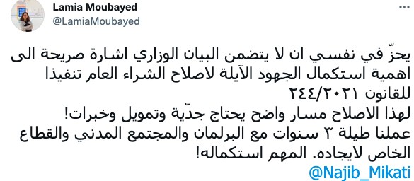 لميا مبيض بساط: لو استكمل البيان الوزاري الخطوات الاصلاحية لقانون الشراء العام