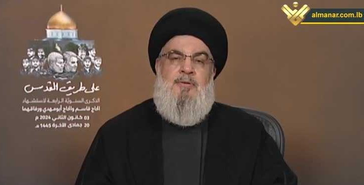 نصرالله للاسرائيليين: جريمة اغتيال العاروري لن تبقى دون رد وعقاب